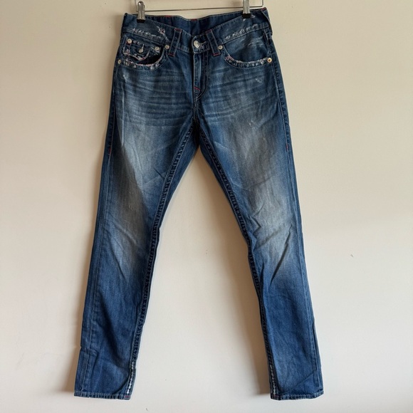 True Religion Big T Flap distressed slim blue jeans size 30 - Picture 1 of 9